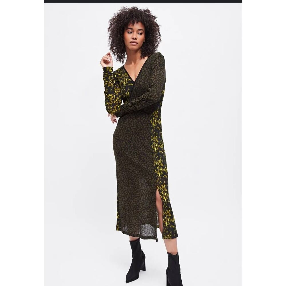 Topshop  Midi Dress Size 6 Green Mesh Mix and Match Print